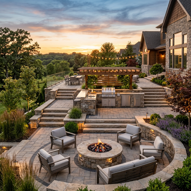 Luxury backyard hardscape design with interlocking stone patios and fire pit