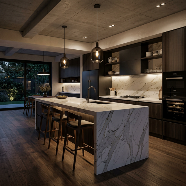 Luxury interior kitchen renovation with quartz waterfall island