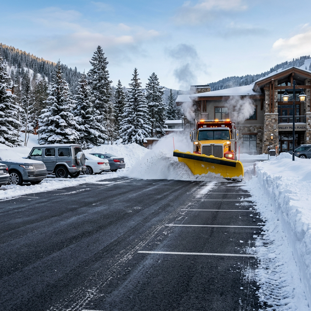 Heavy-duty professional snow plow clearing luxury commercial parking lot