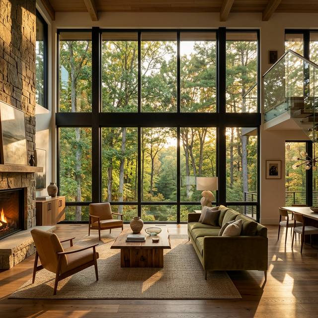 Massive custom black-framed modern floor-to-ceiling windows